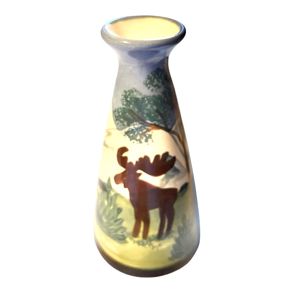 Shard hand painted pottery tapered vase rustic moose river trees hills Maine USA